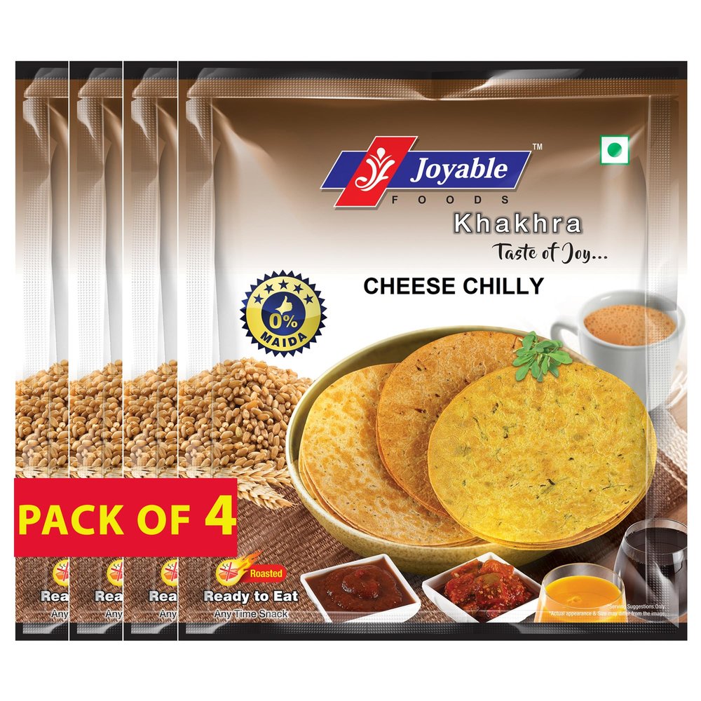 Joyable Khakhra - Cheese Chilly| Dry Chapati | Khakra Fresh Gujarati Namkeen Snacks | Ready To Eat - Roasted - Khakhra Snacks| Vacuum Packed - Pack of 4 (Cheese Chilly - 200 Gms Each)