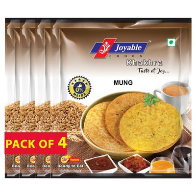 Joyable Khakhra - Mung | Dry Chapati | Khakra Fresh Gujarati Namkeen Snacks | Ready To Eat - Roasted - Khakhra Snacks| Vacuum Packed - Pack of 4 (Mung - 200 Gms Each)