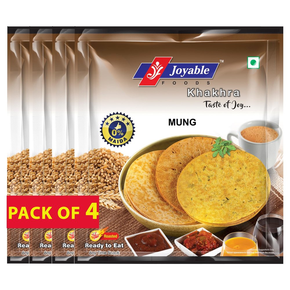 Joyable Khakhra - Mung | Dry Chapati | Khakra Fresh Gujarati Namkeen Snacks | Ready To Eat - Roasted - Khakhra Snacks| Vacuum Packed - Pack of 4 (Mung - 200 Gms Each)