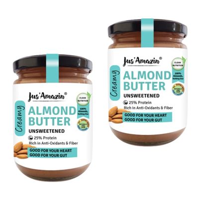 Jus' Amazin Creamy Almond Butter - Unsweetened (500 g) Pack of 2 | 25% Protein | Only Whole Almonds (100% Pure) | Zero Additives | Keto | Plant Based Nutrition | Clean Nutrition