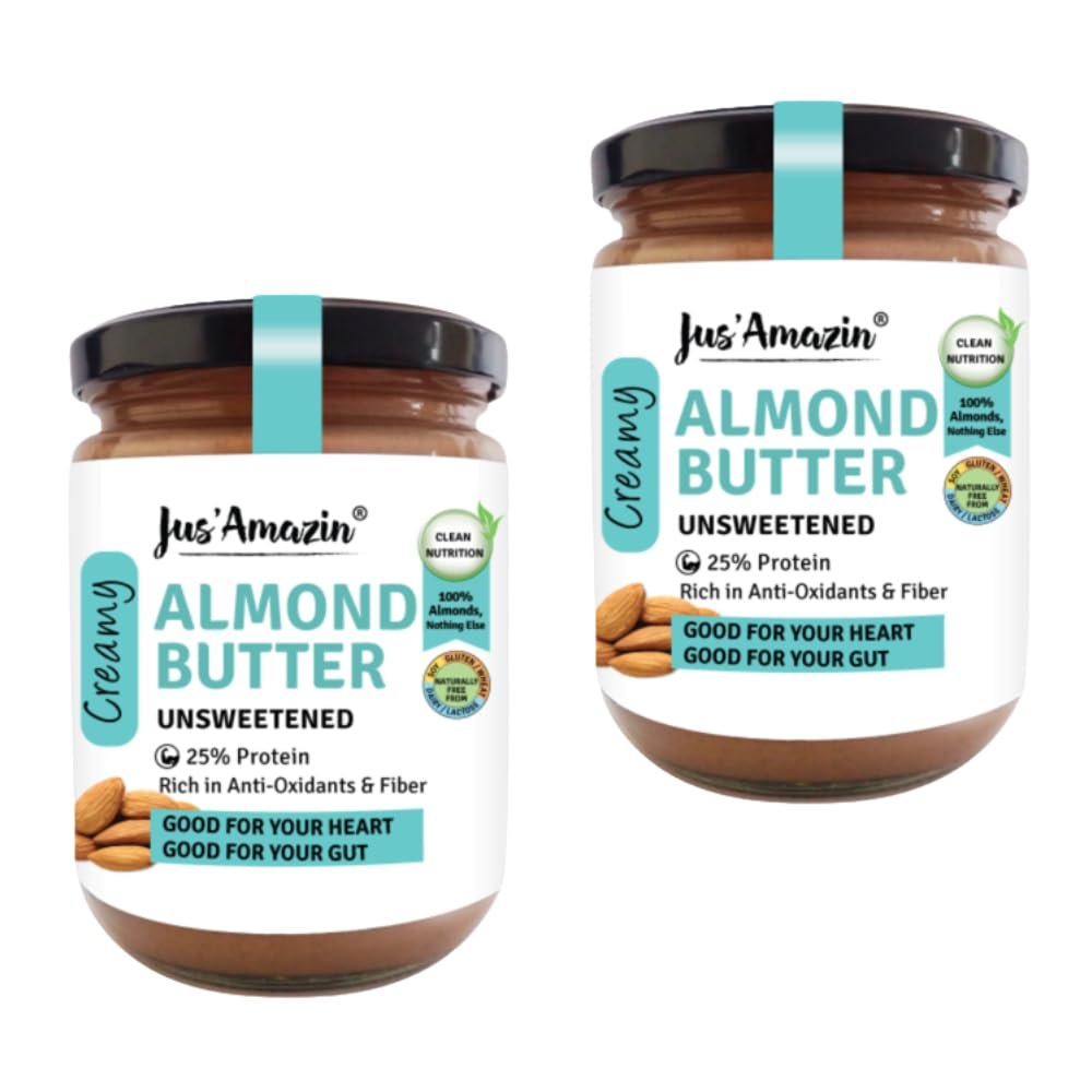 Jus' Amazin Creamy Almond Butter - Unsweetened (500 g) Pack of 2 | 25% Protein | Only Whole Almonds (100% Pure) | Zero Additives | Keto | Plant Based Nutrition | Clean Nutrition