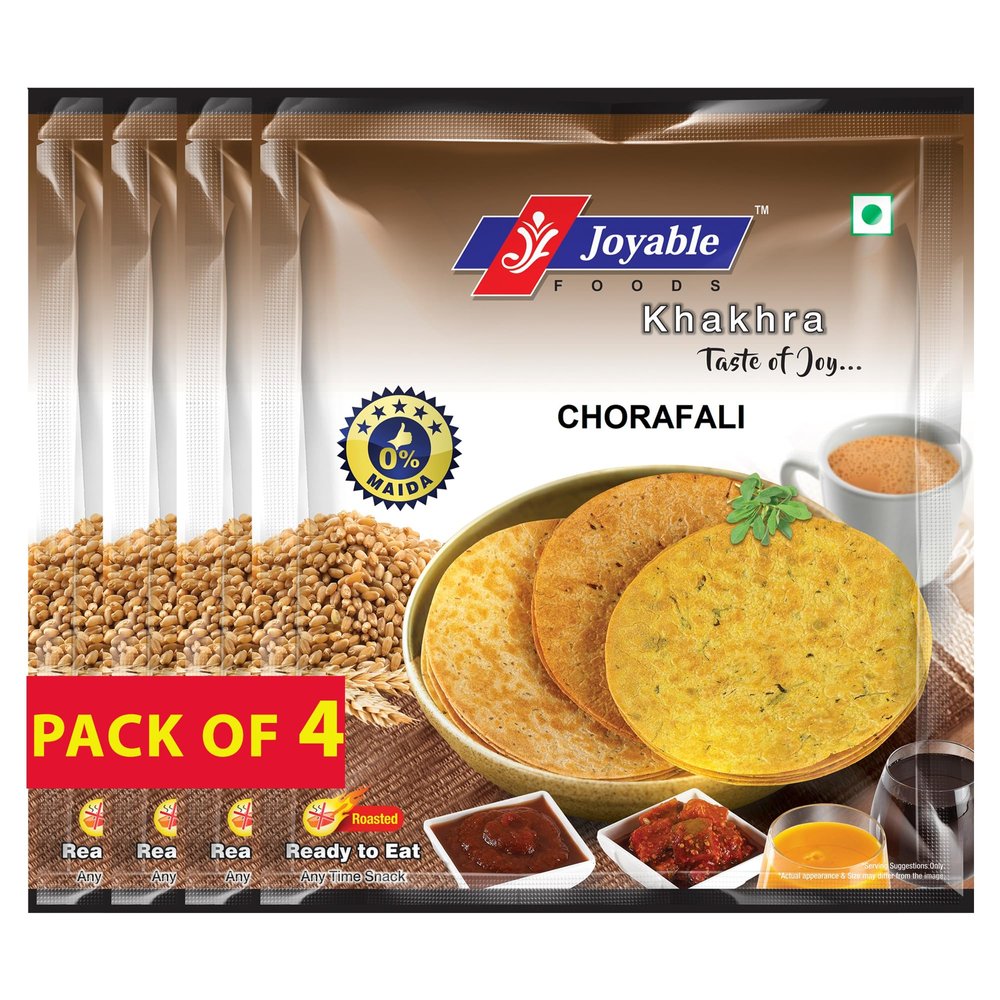 Joyable Khakhra - Chorafali| Dry Chapati | Khakra Fresh Gujarati Namkeen Snacks | Ready To Eat - Roasted - Khakhra Snacks| Vacuum Packed - Pack of 4 (Chorafali - 200 Gms Each)