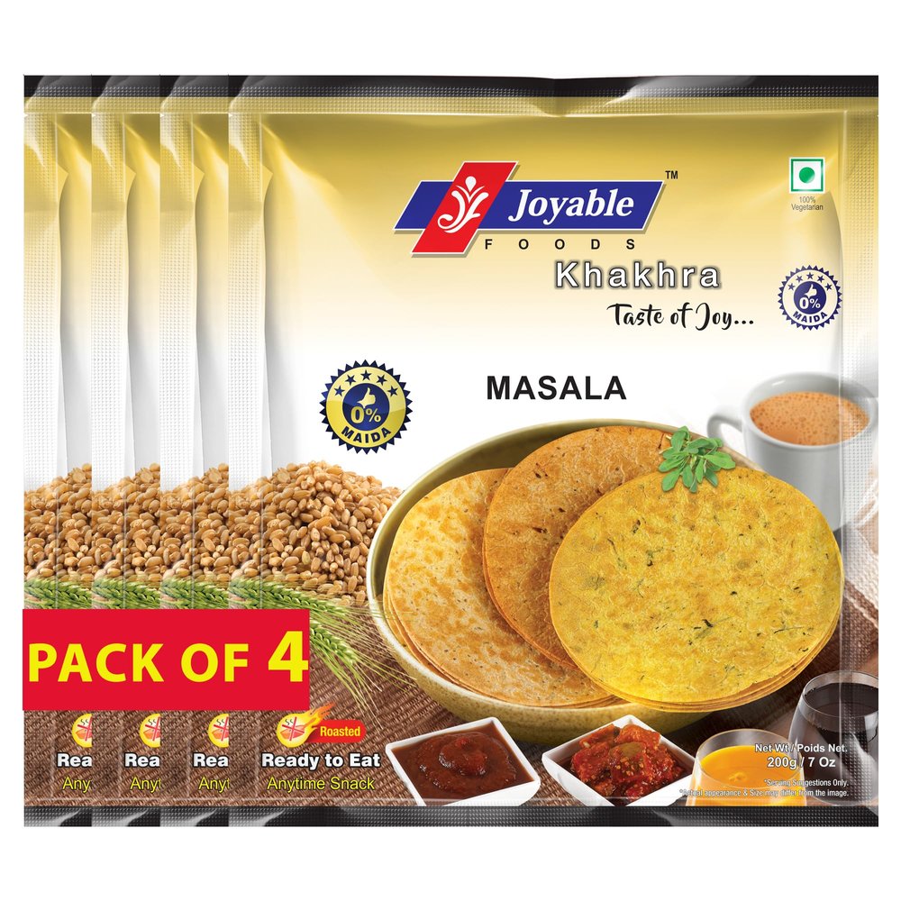 Joyable Khakhra - Masala | Dry Chapati | Khakra Fresh Gujarati Namkeen Snacks | Ready To Eat - Roasted - Khakhra Snacks| Vacuum Packed - Pack of 4 (Masala - 200 Gms Each)