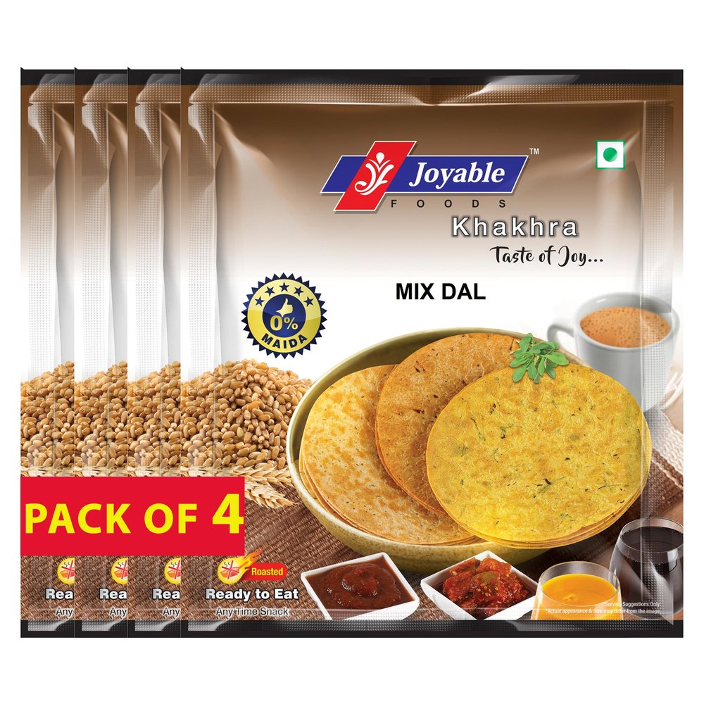 Joyable Khakhra - Mix Dal| Dry Chapati | Khakra Fresh Gujarati Namkeen Snacks | Ready To Eat - Roasted - Khakhra Snacks| Vacuum Packed - Pack of 4 (Mix Dal - 200 Gms Each)