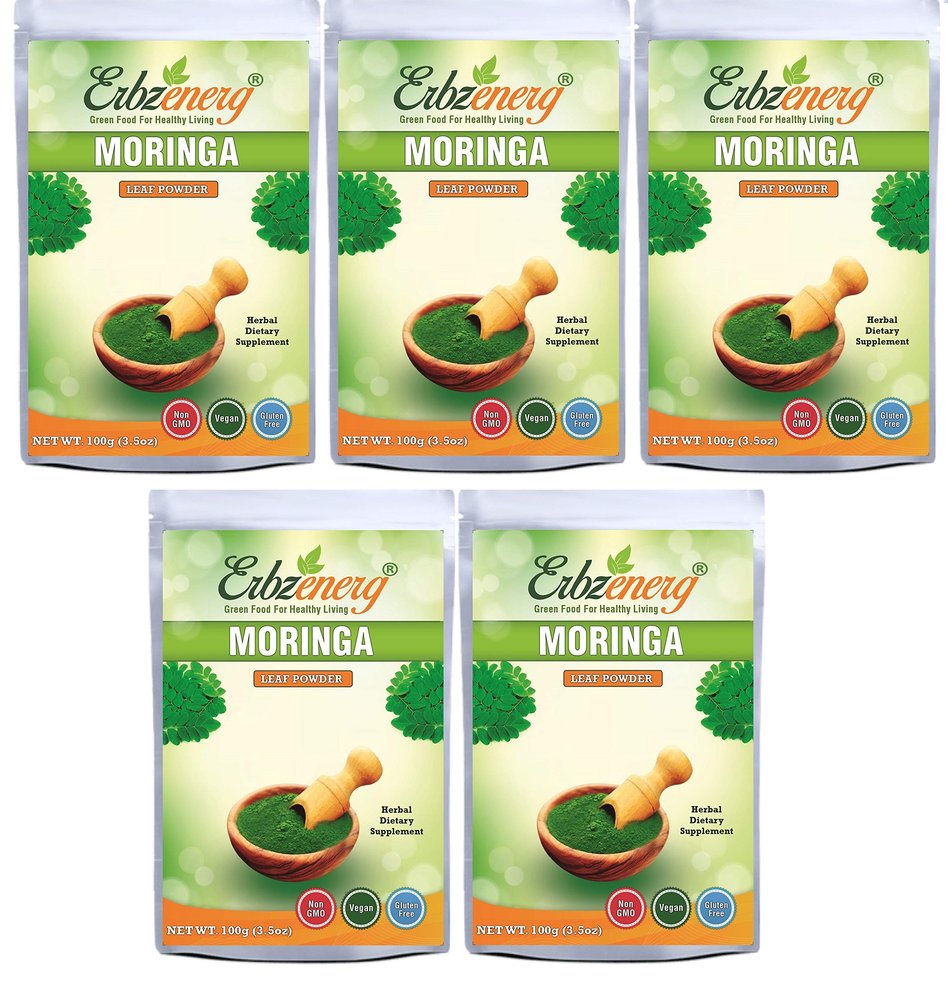 ERBZENERG Certified Organic Moringa (Moringa oleifera) drumstick tree/horseradish tree powder 100g (Pack of 5)