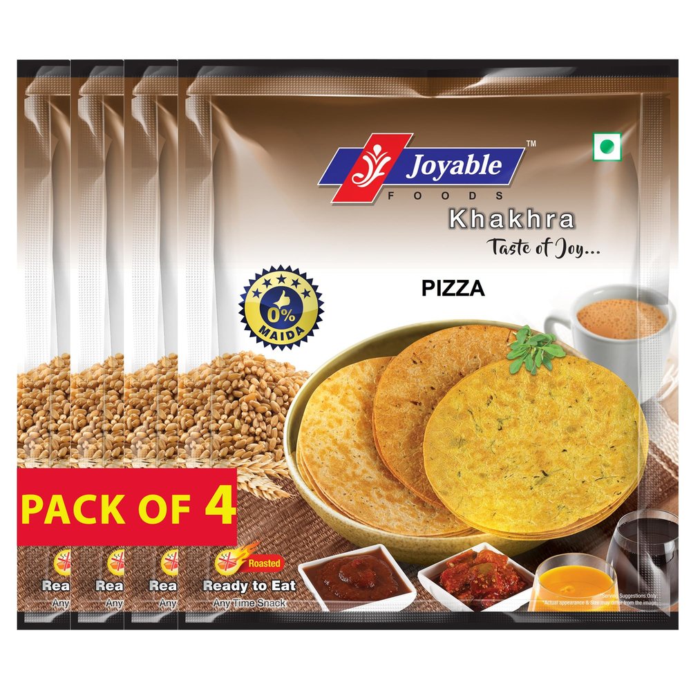 Joyable Khakhra - Pizza | Dry Chapati | Khakra Fresh Gujarati Namkeen Snacks | Ready To Eat - Roasted - Khakhra Snacks| Vacuum Packed - Pack of 4 (Pizza - 200 Gms Each)