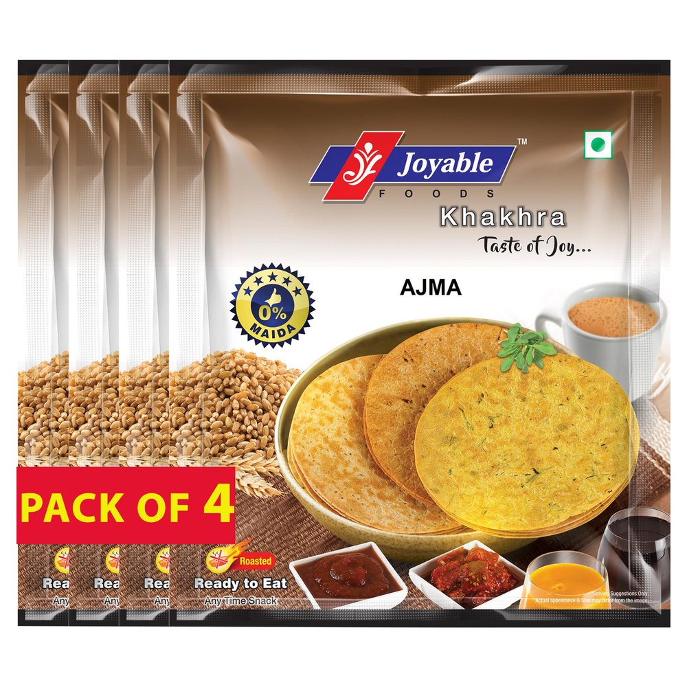 Joyable Khakhra - Ajwain| Dry Chapati | Khakra Fresh Gujarati Namkeen Snacks | Ready To Eat - Roasted - Khakhra Snacks| Vacuum Packed - Pack of 4 (Ajwain - 200 Gms Each)