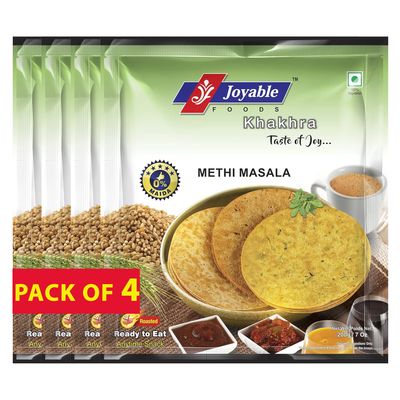 Joyable Khakhra - Methi Masala | Dry Chapati | Khakra Fresh Gujarati Namkeen Snacks | Ready To Eat - Roasted - Khakhra Snacks| Vacuum Packed - Pack of 4 (Methi Masala - 200 Gms Each)