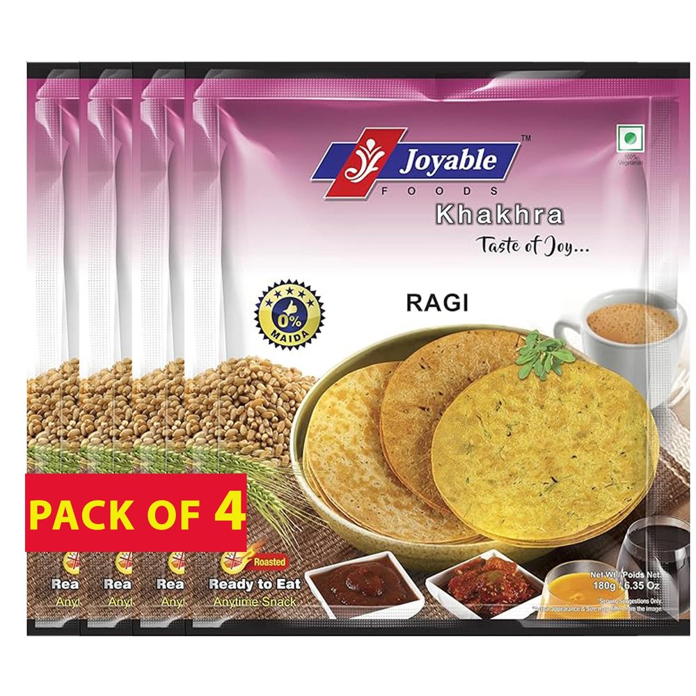 Joyable Khakhra - Ragi/Nachini| Dry Chapati | Khakra Fresh Gujarati Namkeen Snacks | Ready To Eat - Roasted - Khakhra Snacks| Vacuum Packed - Pack of 4 (Ragi/Nachini - 200 Gms Each)