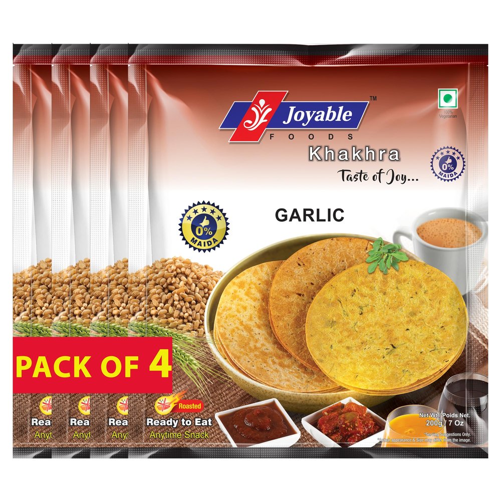 Joyable Khakhra - Garlic | Dry Chapati | Khakra Fresh Gujarati Namkeen Snacks | Ready To Eat - Roasted - Khakhra Snacks| Vacuum Packed - Pack of 4 (Garlic - 200 Gms Each)