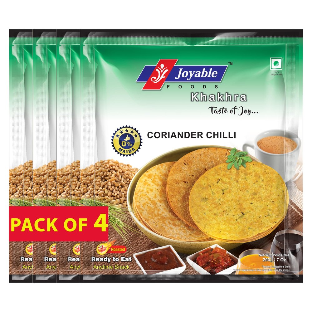 Joyable Khakhra - Coriander Chilli| Dry Chapati | Khakra Fresh Gujarati Namkeen Snacks | Ready To Eat - Roasted - Khakhra Snacks| Vacuum Packed - Pack of 4 (Coriander Chilli - 200 Gms Each)