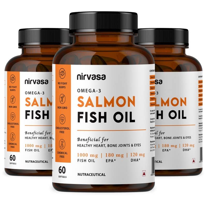 Nirvasa Omega-3 Salmon Fish Oil Capsules (1000mg, 3x60 Softgels) | High-Potency 180mg EPA & 120mg DHA | Supports Heart, Brain, Eye & Bone Health | No Fishy Burps | For Men & Women  Pack of 3