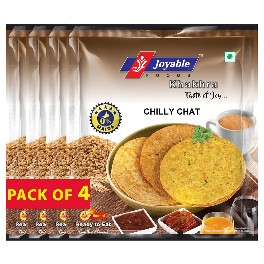 Joyable Khakhra - Chilly Chat| Dry Chapati | Khakra Fresh Gujarati Namkeen Snacks | Ready To Eat - Roasted - Khakhra Snacks| Vacuum Packed - Pack of 4 (Chilly Chat - 200 Gms Each)