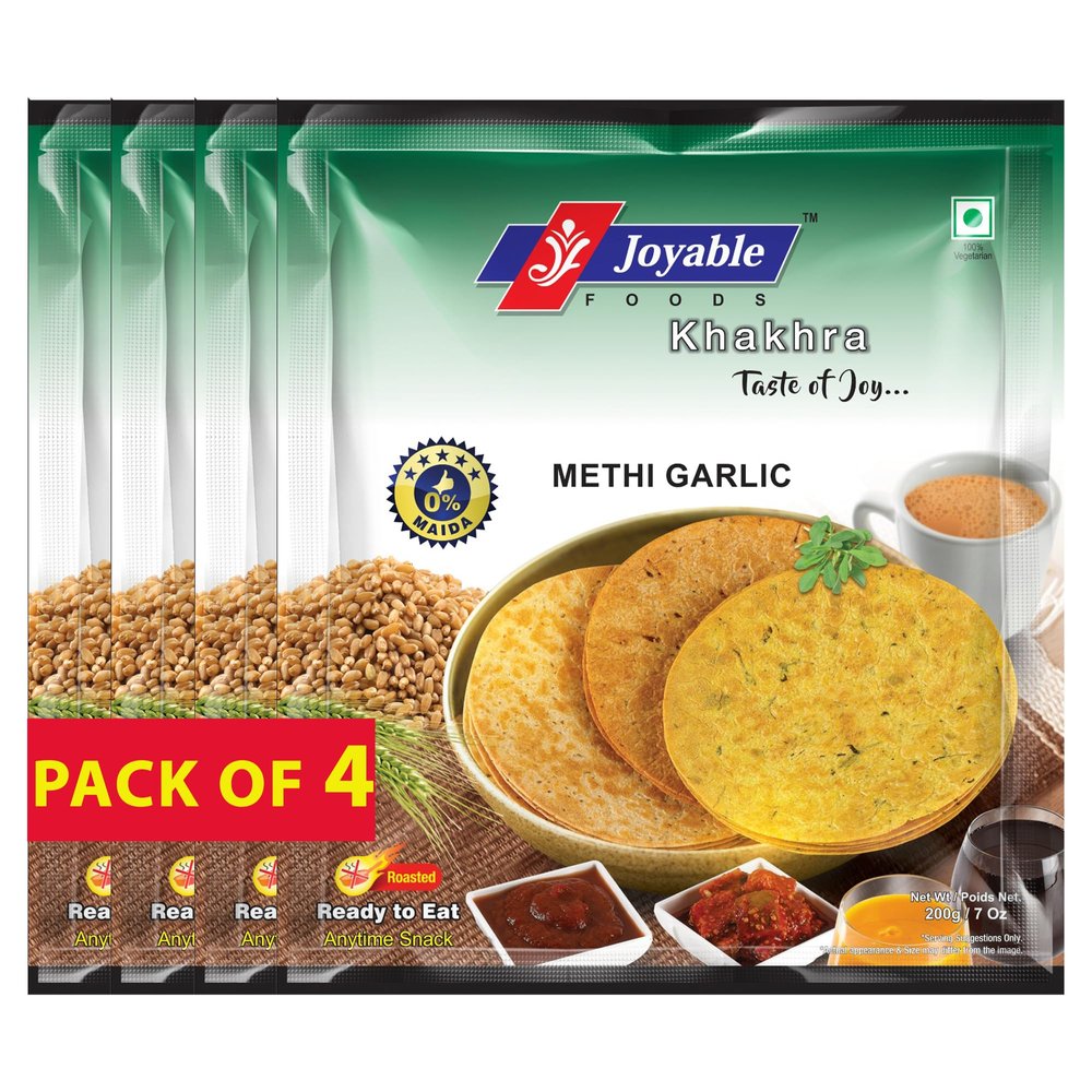 Joyable Khakhra - Methi Garlic| Dry Chapati | Khakra Fresh Gujarati Namkeen Snacks | Ready To Eat - Roasted - Khakhra Snacks| Vacuum Packed - Pack of 4 (Methi Garlic - 200 Gms Each)