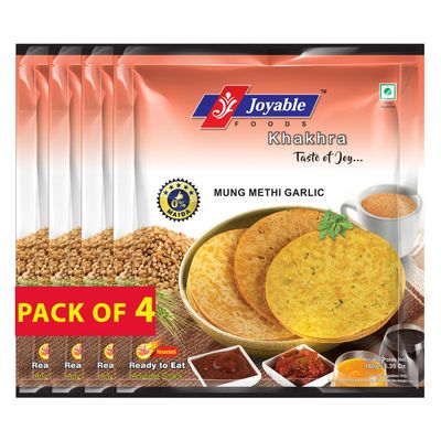 Joyable Khakhra - Mung Methi Garlic| Dry Chapati | Khakra Fresh Gujarati Namkeen Snacks | Ready To Eat - Roasted - Khakhra Snacks| Vacuum Packed - Pack of 4 (Mung Methi Garlic - 200 Gms Each)