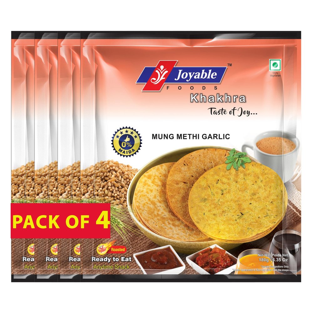 Joyable Khakhra - Mung Methi Garlic| Dry Chapati | Khakra Fresh Gujarati Namkeen Snacks | Ready To Eat - Roasted - Khakhra Snacks| Vacuum Packed - Pack of 4 (Mung Methi Garlic - 200 Gms Each)