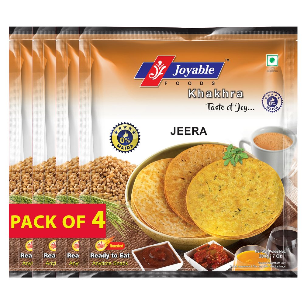 Joyable Khakhra - Jeera | Dry Chapati | Khakra Fresh Gujarati Namkeen Snacks | Ready To Eat - Roasted - Khakhra Snacks| Vacuum Packed - Pack of 4 (Jeera - 200 Gms Each)