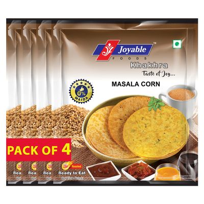 Joyable Khakhra - Masala Corn| Dry Chapati | Khakra Fresh Gujarati Namkeen Snacks | Ready To Eat - Roasted - Khakhra Snacks| Vacuum Packed - Pack of 4 (Masala Corn - 200 Gms Each)