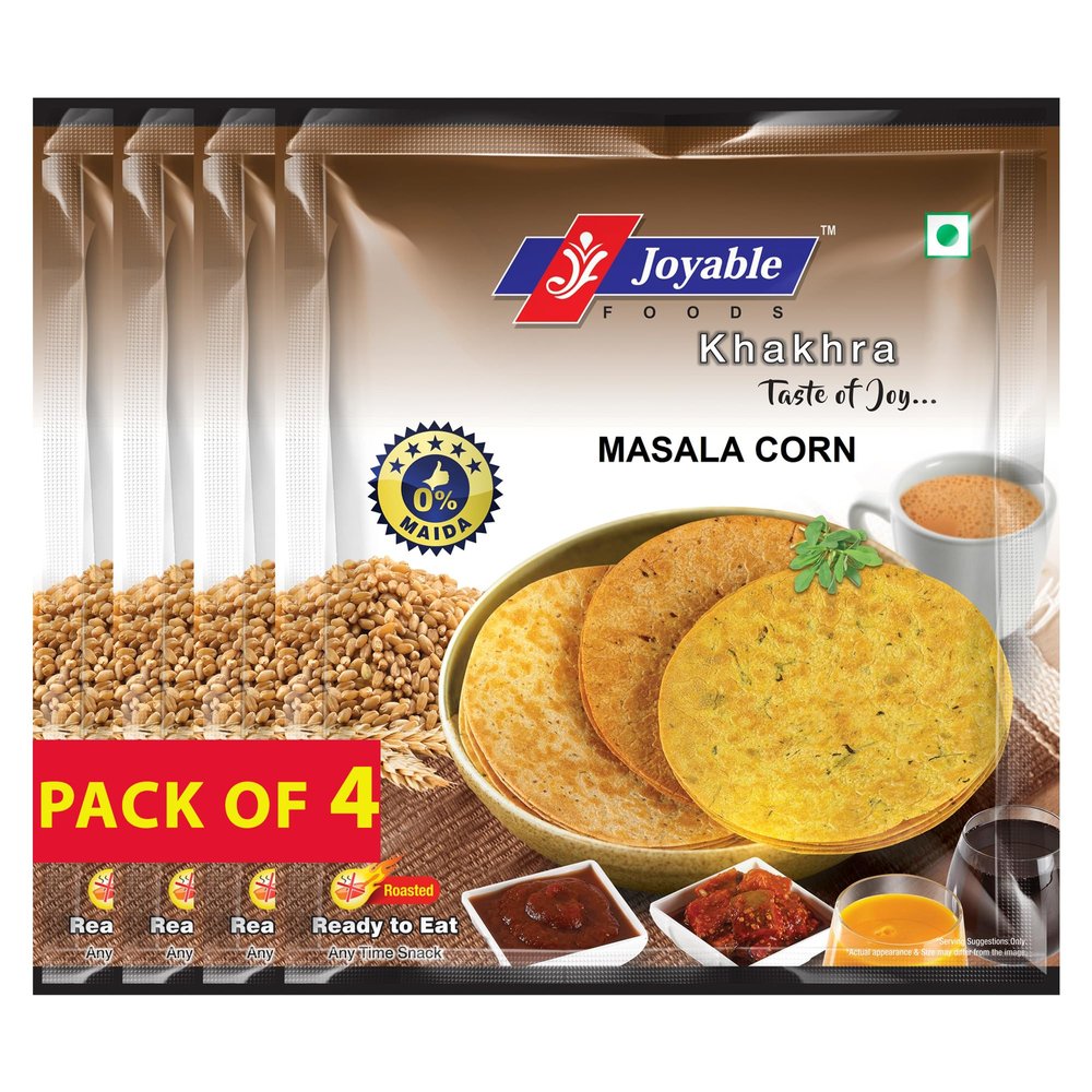 Joyable Khakhra - Masala Corn| Dry Chapati | Khakra Fresh Gujarati Namkeen Snacks | Ready To Eat - Roasted - Khakhra Snacks| Vacuum Packed - Pack of 4 (Masala Corn - 200 Gms Each)