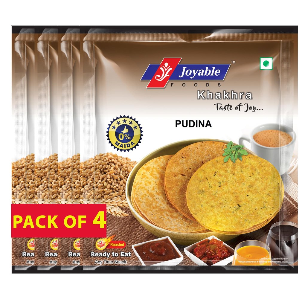 Joyable Khakhra - Pudina| Dry Chapati | Khakra Fresh Gujarati Namkeen Snacks | Ready To Eat - Roasted - Khakhra Snacks| Vacuum Packed - Pack of 4 (Pudina - 200 Gms Each)