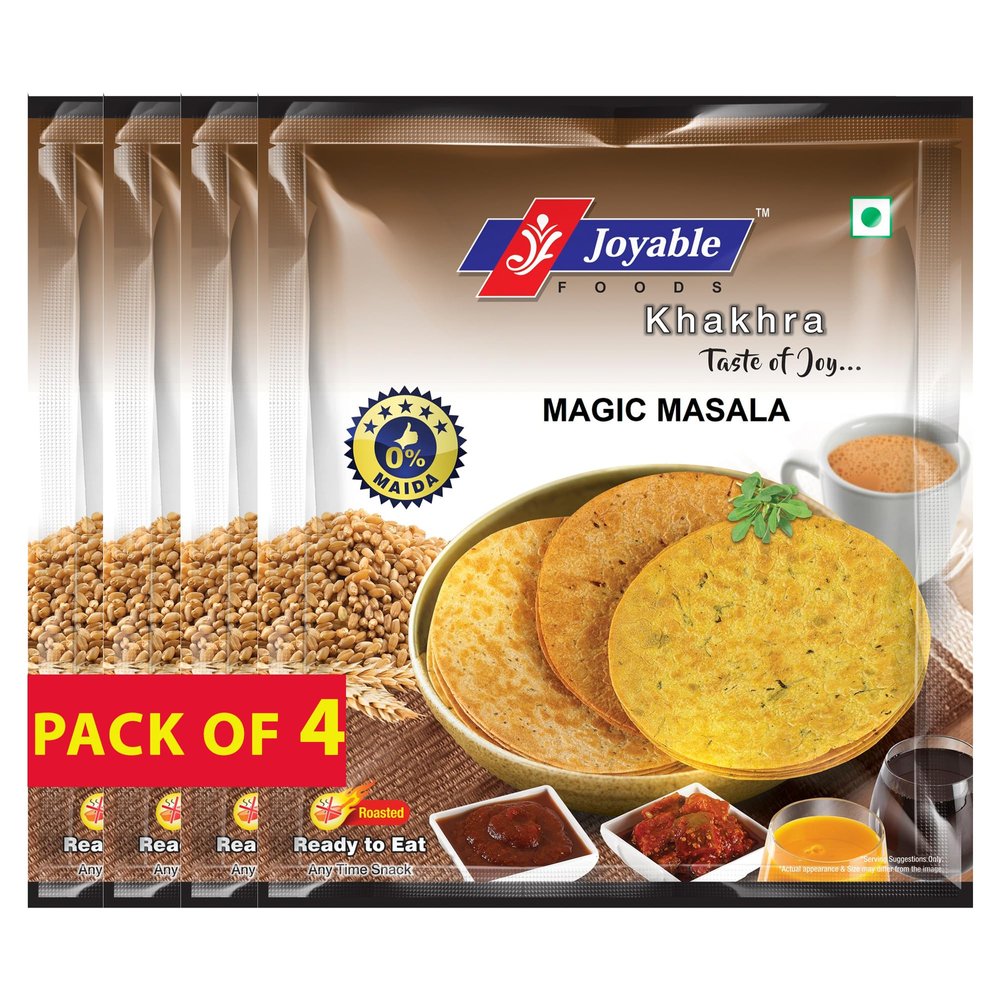 Joyable Khakhra - Magic Masala| Dry Chapati | Khakra Fresh Gujarati Namkeen Snacks | Ready To Eat - Roasted - Khakhra Snacks| Vacuum Packed - Pack of 4 (Magic Masala - 200 Gms Each)