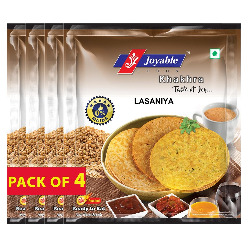 Joyable Khakhra - Lasaniya | Dry Chapati | Khakra Fresh Gujarati Namkeen Snacks | Ready To Eat - Roasted - Khakhra Snacks| Vacuum Packed - Pack of 4 (Lasaniya - 200 Gms Each)