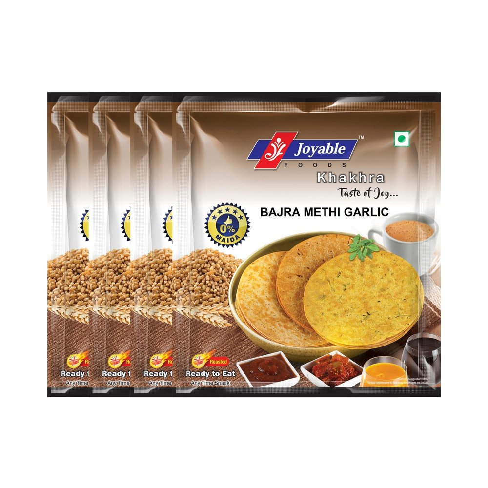 Joyable Khakhra - Bajri Methi Garlic| Dry Chapati | Khakra Fresh Gujarati Namkeen Snacks | Ready To Eat - Roasted - Khakhra Snacks| Vacuum Packed - Pack of 4 (Bajri Methi Garlic - 200 Gms Each)