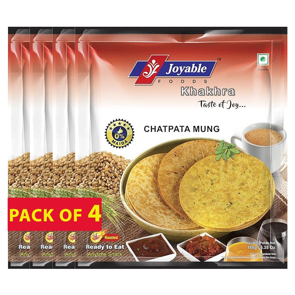 Joyable Khakhra - Chatpata Mung| Dry Chapati | Khakra Fresh Gujarati Namkeen Snacks | Ready To Eat - Roasted - Khakhra Snacks| Vacuum Packed - Pack of 4 (Chatpata Mung - 200 Gms Each)
