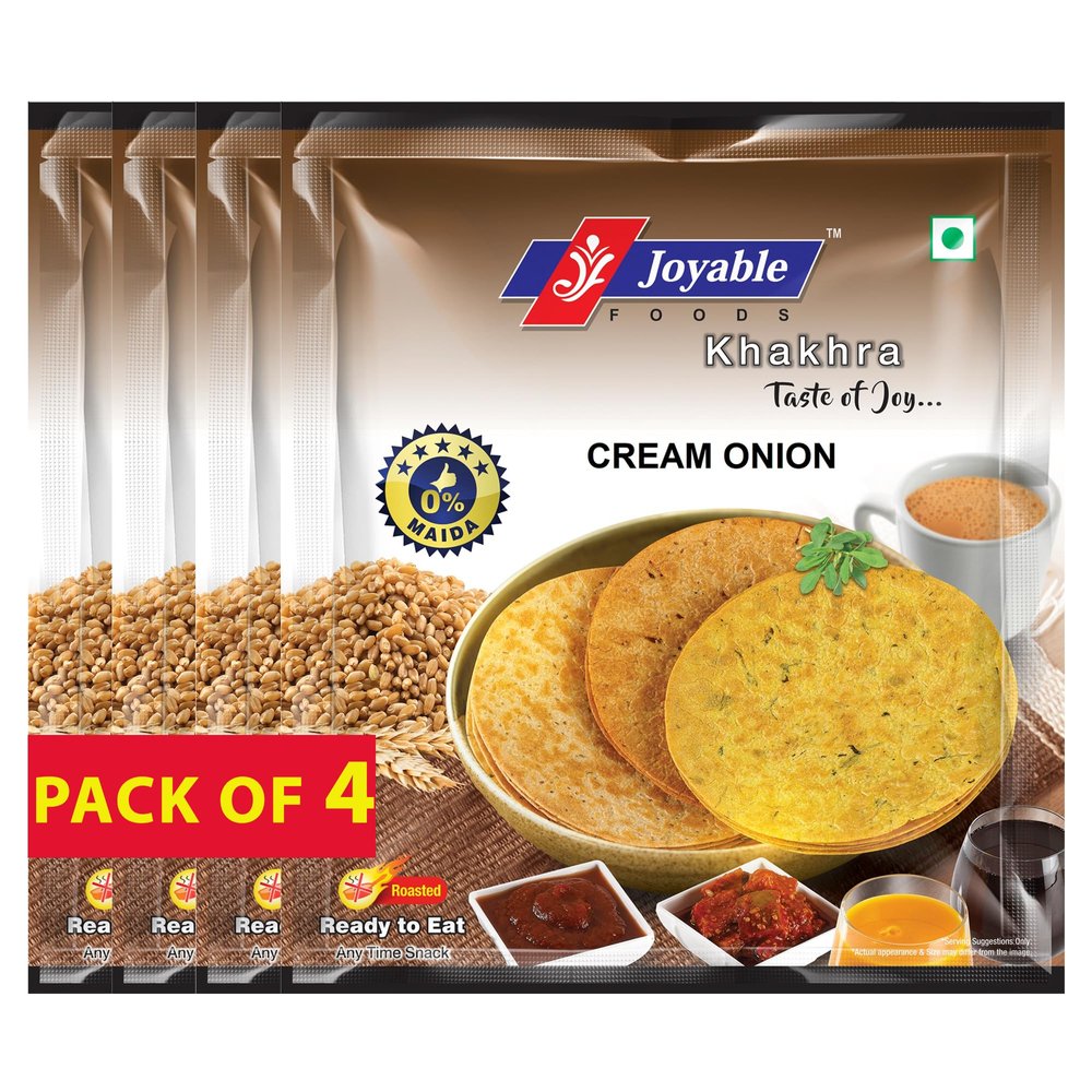 Joyable Khakhra - Cream Onion| Dry Chapati | Khakra Fresh Gujarati Namkeen Snacks | Ready To Eat - Roasted - Khakhra Snacks| Vacuum Packed - Pack of 4 (Cream Onion- 200 Gms Each)