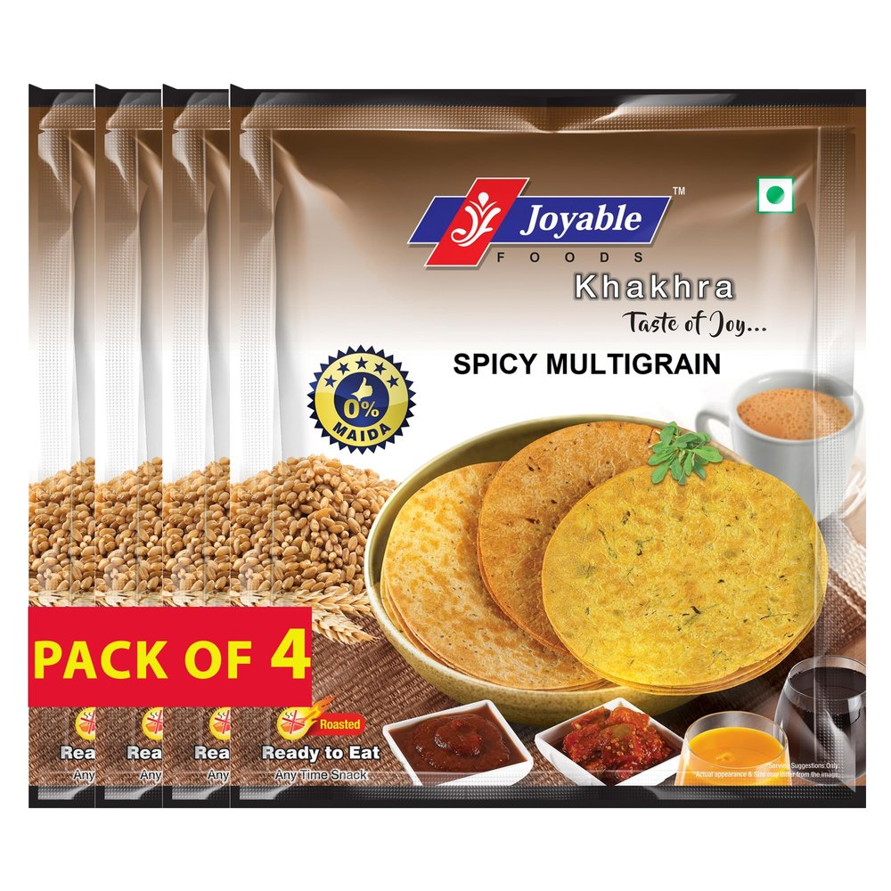 Joyable Khakhra - Spicy Multigrain | Dry Chapati | Khakra Fresh Gujarati Namkeen Snacks | Ready To Eat - Roasted - Khakhra Snacks| Vacuum Packed - Pack of 4 (Spicy Multigrain - 200 Gms Each)