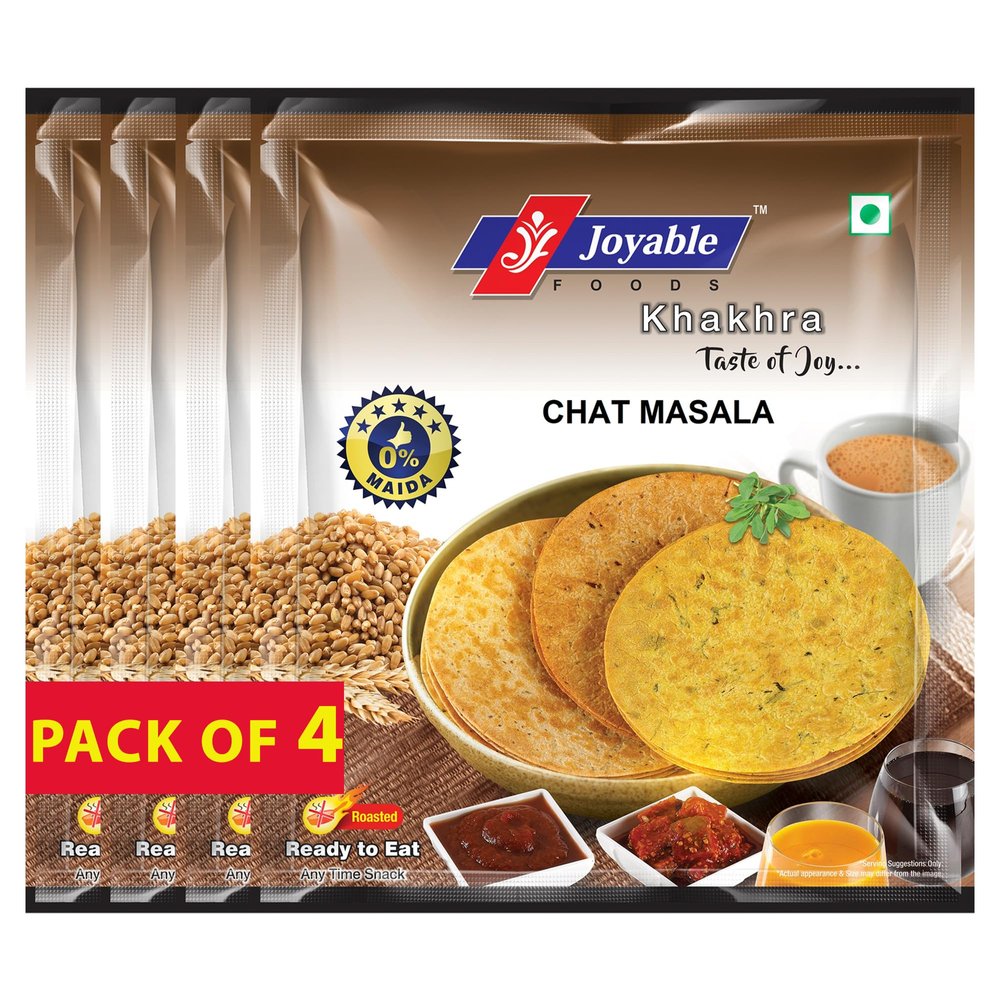 Joyable Khakhra - Chat Masala | Dry Chapati | Khakra Fresh Gujarati Namkeen Snacks | Ready To Eat - Roasted - Khakhra Snacks| Vacuum Packed - Pack of 4 (Chat Masala - 200 Gms Each)