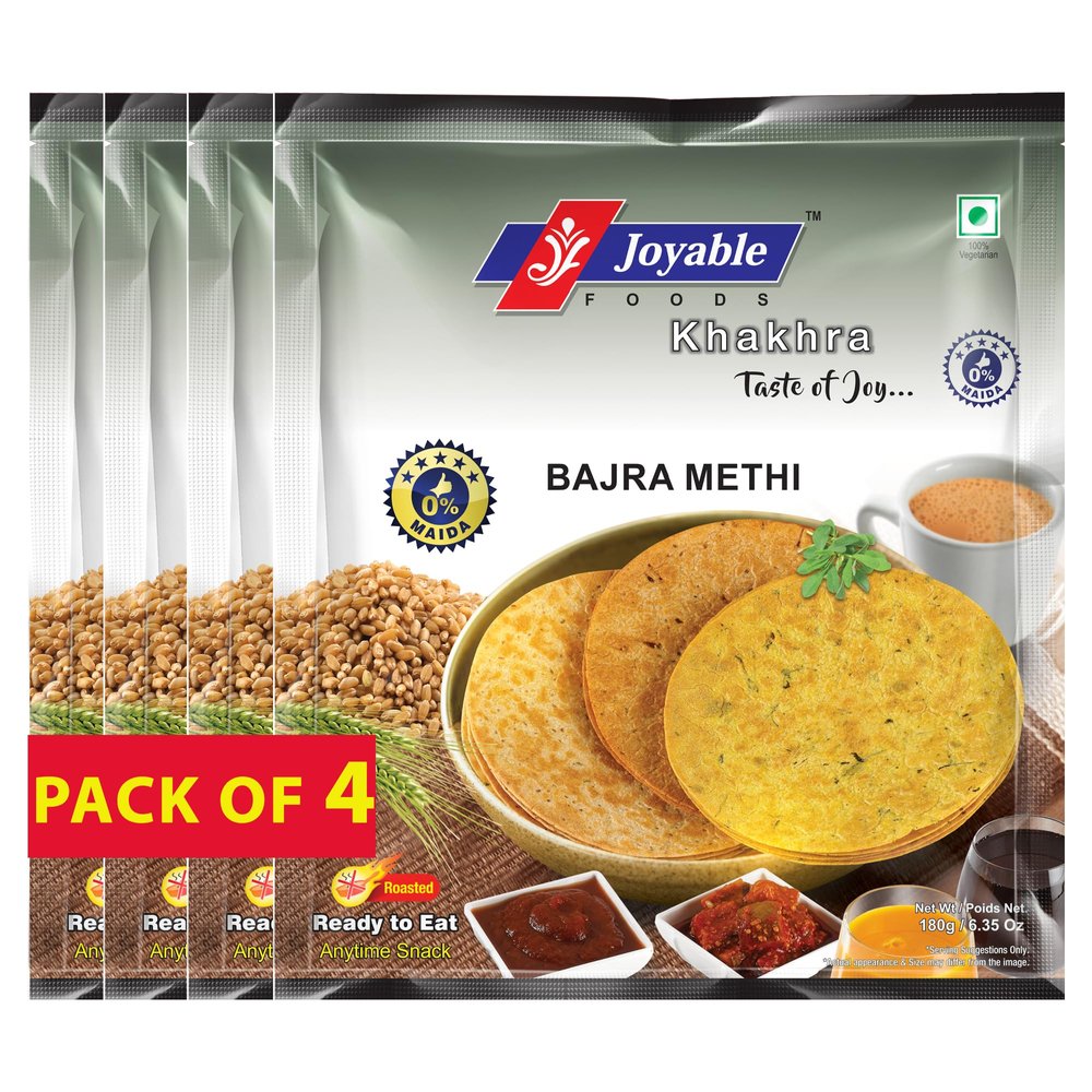 Joyable Khakhra - Bajri Methi| Dry Chapati | Khakra Fresh Gujarati Namkeen Snacks | Ready To Eat - Roasted - Khakhra Snacks| Vacuum Packed - Pack of 4 (Bajri Methi - 200 Gms Each)