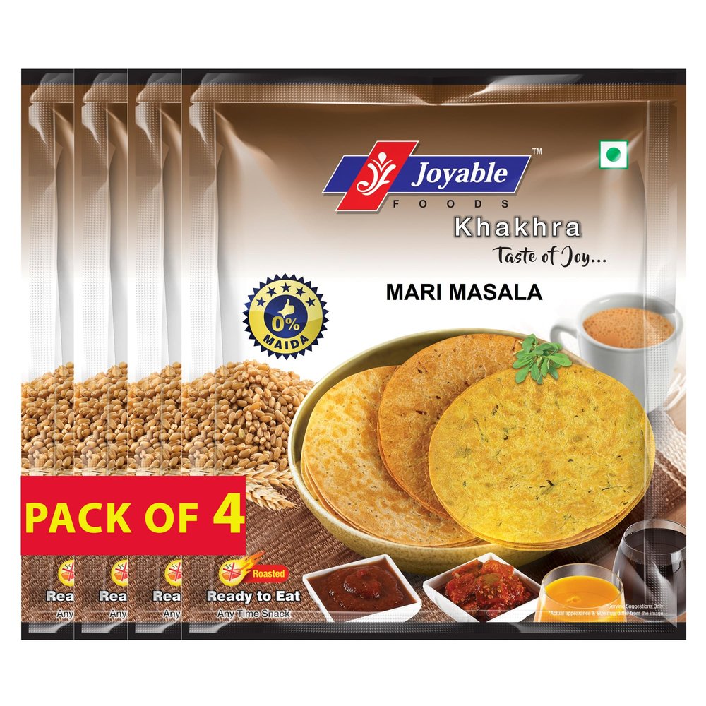 Joyable Khakhra - Mari Masala| Dry Chapati | Khakra Fresh Gujarati Namkeen Snacks | Ready To Eat - Roasted - Khakhra Snacks| Vacuum Packed - Pack of 4 (Mari Masala - 200 Gms Each)