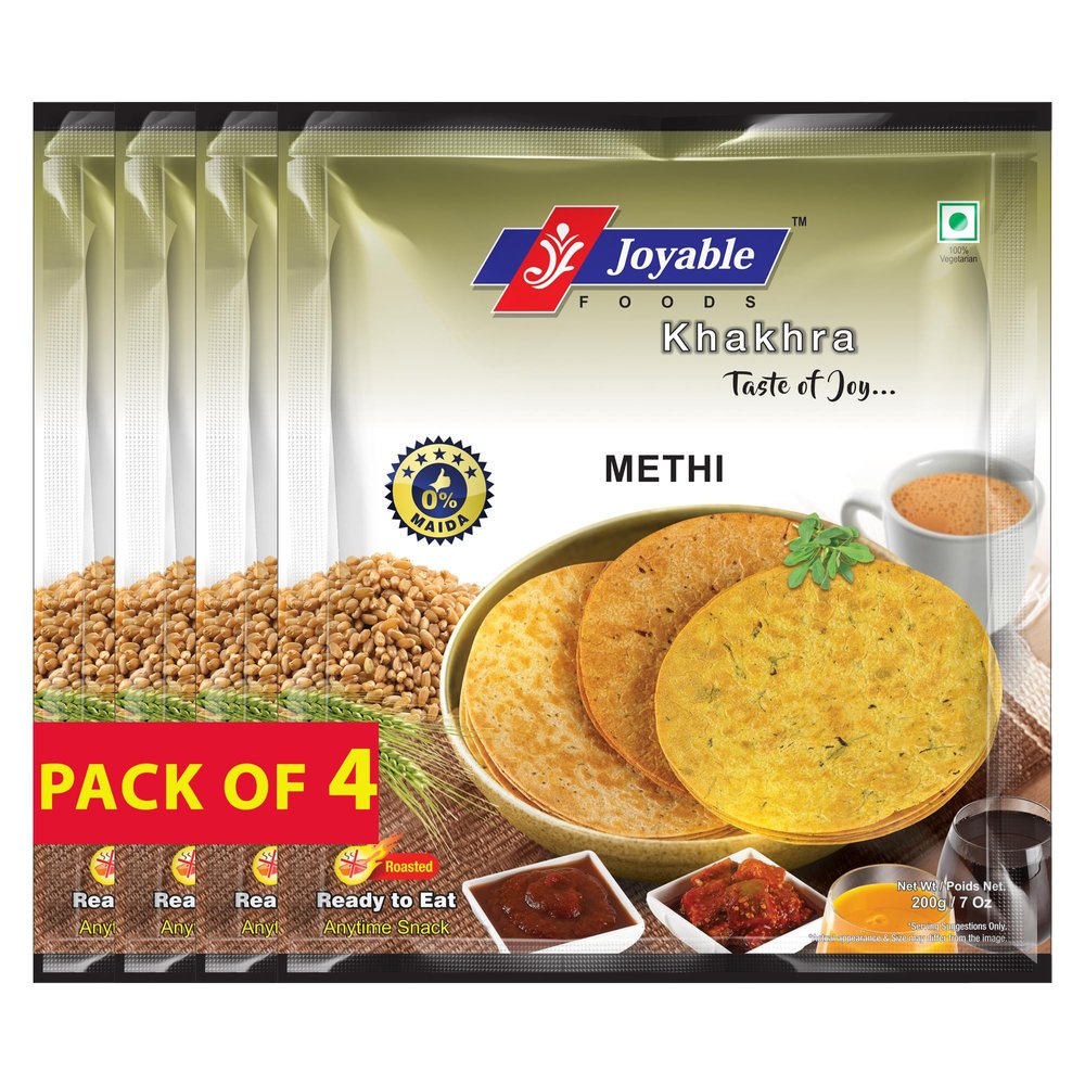 Joyable Khakhra - Methi | Dry Chapati | Khakra Fresh Gujarati Namkeen Snacks | Ready To Eat - Roasted - Khakhra Snacks| Vacuum Packed - Pack of 4 (Methi - 200 Gms Each)