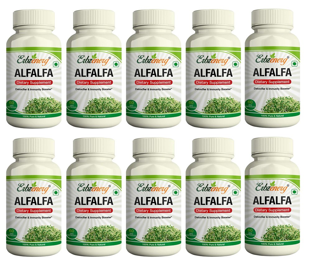 ERBZENERG Alfalfa (Medicaga Sativa) Vitamin K and C, Magnesium 60 Capsules (Pack of 10)