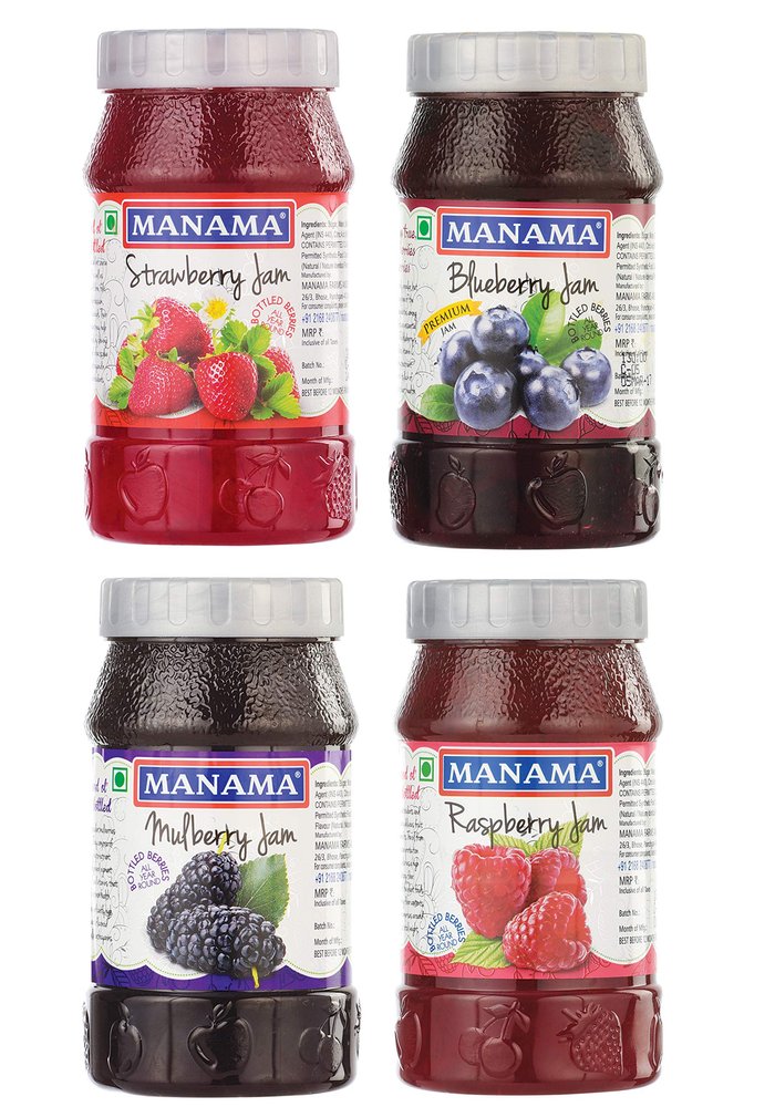 Manama Strawberry, Blueberry, Mulberry and Raspberry Fruit Jam, 500GMS Each, Berry Jam Combo, Pack of 4