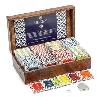Octavius Dark Wood Caddy Wooden Gift Box - 120 Tea Bags | Festival Tea Gift Sets | Assortment Of Fine Black & Green Tea | Premium Wooden Gift Box.