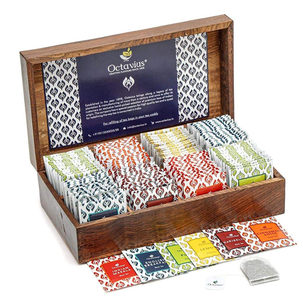 Octavius Dark Wood Caddy Wooden Gift Box - 120 Tea Bags | Festival Tea Gift Sets | Assortment Of Fine Black & Green Tea | Premium Wooden Gift Box.