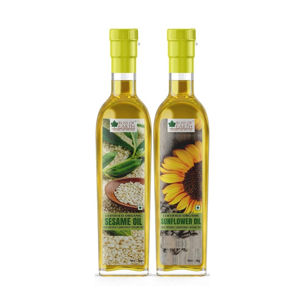 Bliss of Earth Combo Of Organic White Sesame Oil And Sunflower Oil For Massage, Cooking & Eating, Cold Pressed & Hexane Free (1 Ltr. Each) Pack Of 2