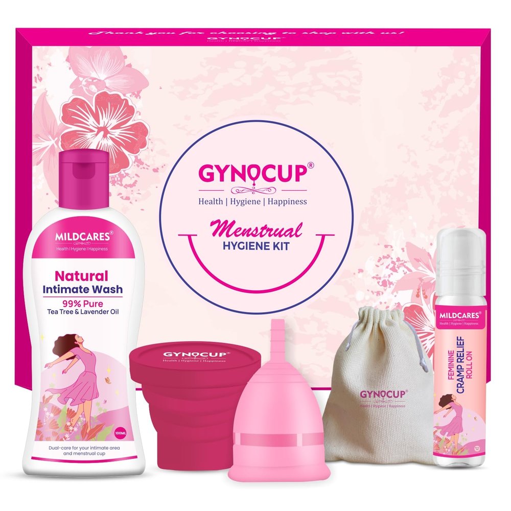 GynoCup Reusable Menstrual Cup for Women | Large Size | With Menstrual Cup Wash 100ml |100% Medical Grade Silicone | 12 Hrs. Wearable | no leakage | Ultra Soft, Odor & Rash Free (Small) (Large Hygiene Kit)