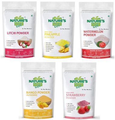 NATURE'S GIFT - FOR THOSE WHO CARE'S Litchi, Pineapple, Watermelon, Mango & Strawberry Fruit Powder - 100 GM Each (Super Saver Combo Pack)
