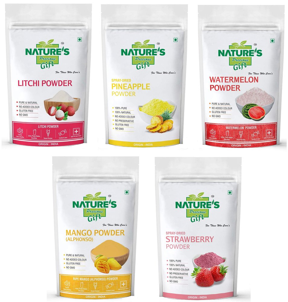 NATURE'S GIFT - FOR THOSE WHO CARE'S Litchi, Pineapple, Watermelon, Mango & Strawberry Fruit Powder - 100 GM Each (Super Saver Combo Pack)