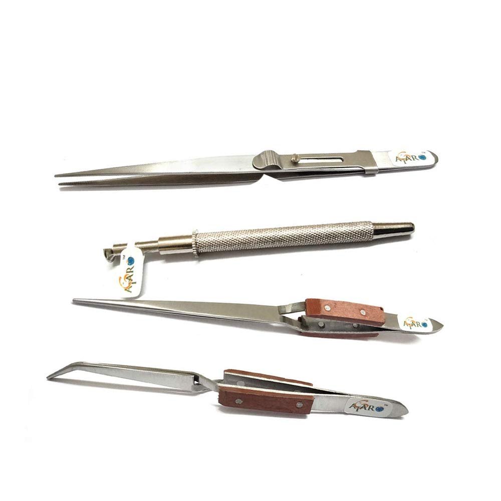 ATAR 4 Pcs Holder Pick-up Tool Fiber Grip Tweezers Fiber Grip Cross Locking & sild lock & 5 prong & Curved Tweezer Jewelers Pickup tools.