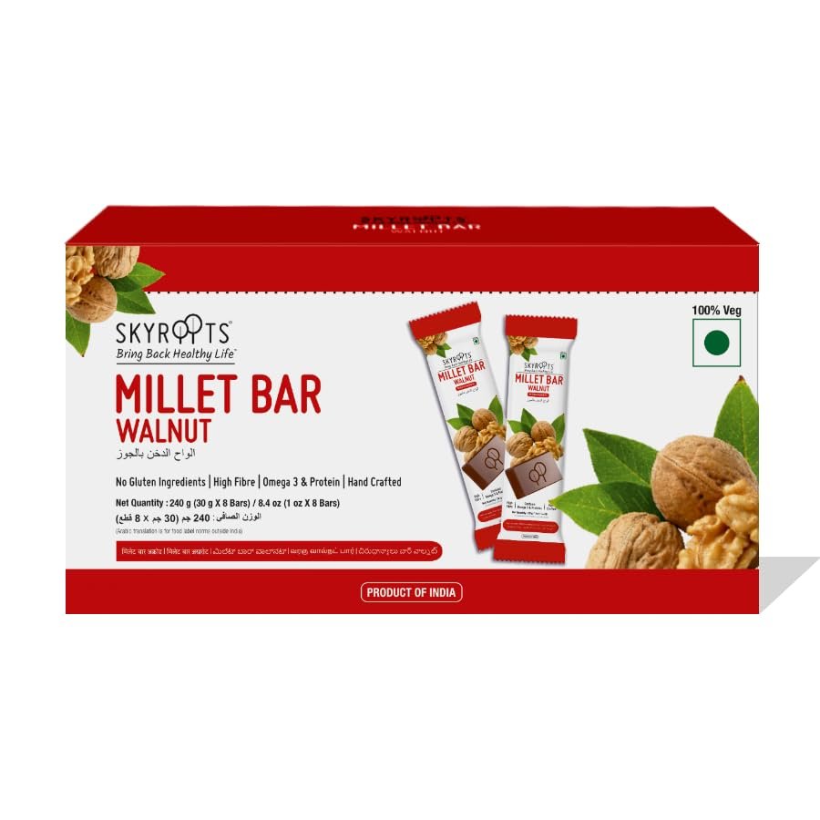 Skyroots Healthy Millet Snack | Gluten Free & High Fiber | Energy Bar | soure of Protein Bar |Healthy Millet Snack & Breakfast bites |Walnut flavor| 240 g Each 8 Bars
