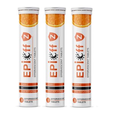 Ethiglo Epieff-Z Vitamin-C, Zinc And Citrus Bioflavonoids - Immunity Booster Supplements : 20 Effervescent Tablets : Pack Of 03