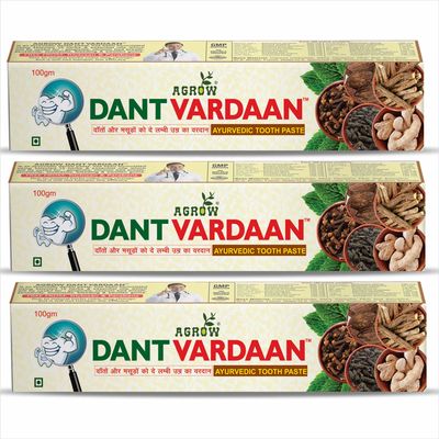 Agrow Dant Vardaan Ayurvedic Toothpaste | Minty Clove Formula for Fresh Breath, Clean Mouth & Shiny Teeth | Herbal Fluoride-Free Toothpaste | 100g Each Pack of 3