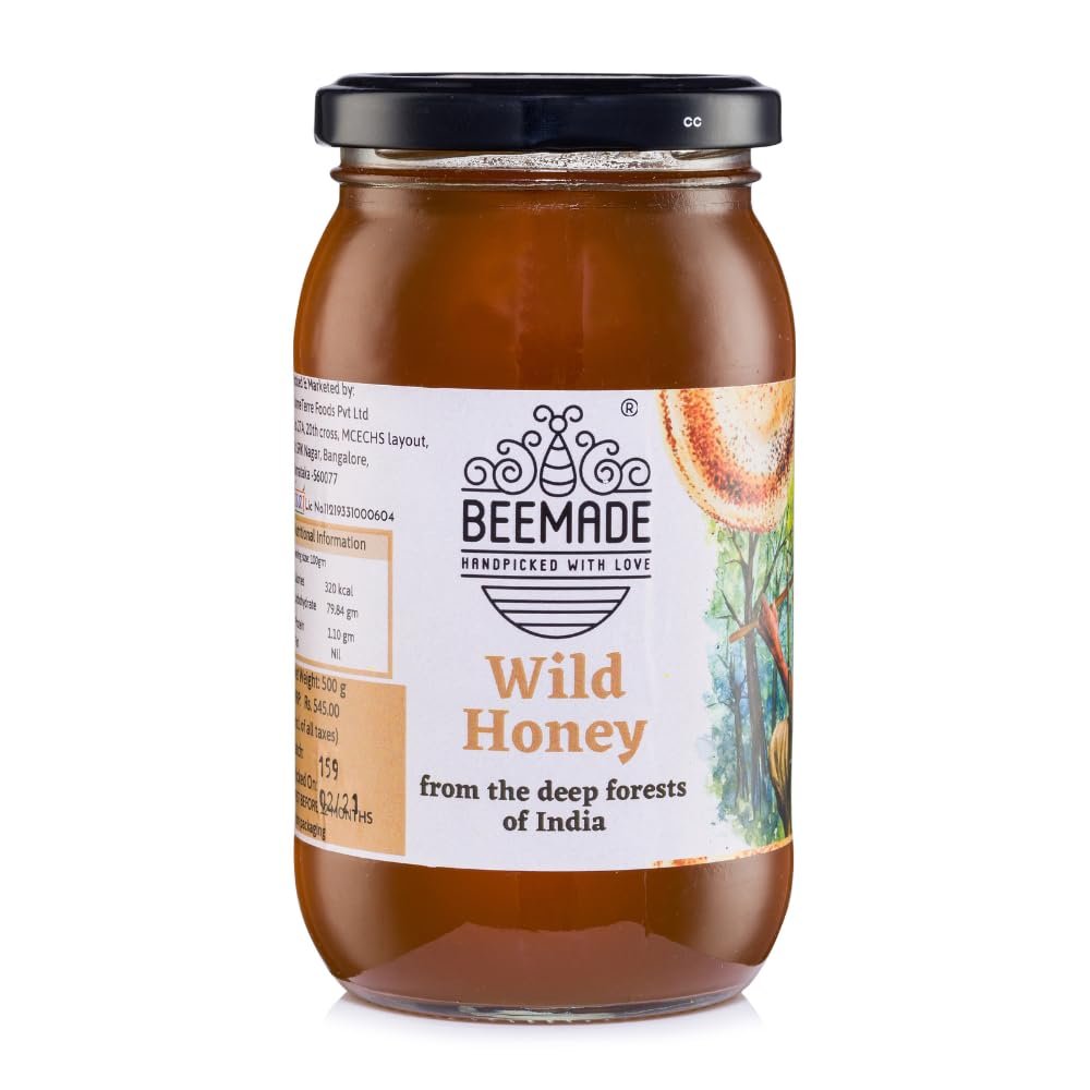 BEEMADE Wild Forest Honey (500g) | 100% Organic Honey Raw Unprocessed | Pure Honey without Sugar | From Central Indian Forests | No Added Preservatives | Unblended and Unpasteurized | Natural and Original | Unprocessed honey