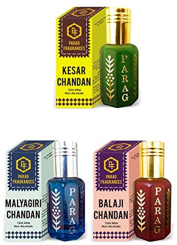 Parag Fragrances Kesar Chandan, Malyagiri Chandan & Balaji Chandan Attar 12Ml Each Total 36Ml Of Natural & Pure Long Lasting Attar (Grade 1) Naturally Made By Bhapka Process