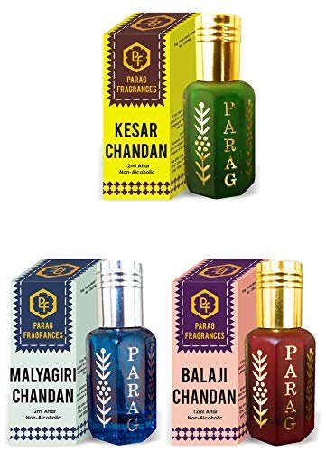 Parag Fragrances Kesar Chandan, Malyagiri Chandan & Balaji Chandan Attar 12Ml Each Total 36Ml Of Natural & Pure Long Lasting Attar (Grade 1) Naturally Made By Bhapka Process
