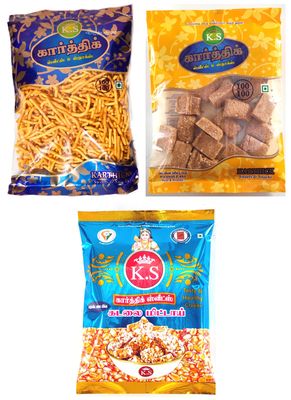K.S Karthik - Kovilpatti Ko Ko Mittai 200gm (Crushed Groundnut chikki), Kadalai Mittai (Peanut Chikki Candy) 250gm, Karasev 250gm (700 gm)